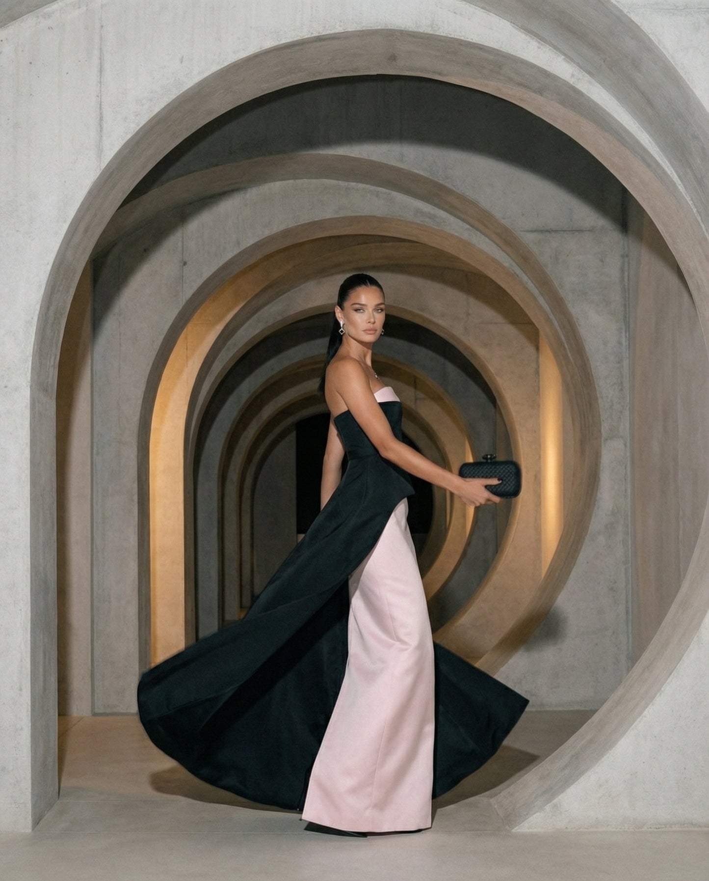 Blush & Noir Strapless Column Gown with Overskirt