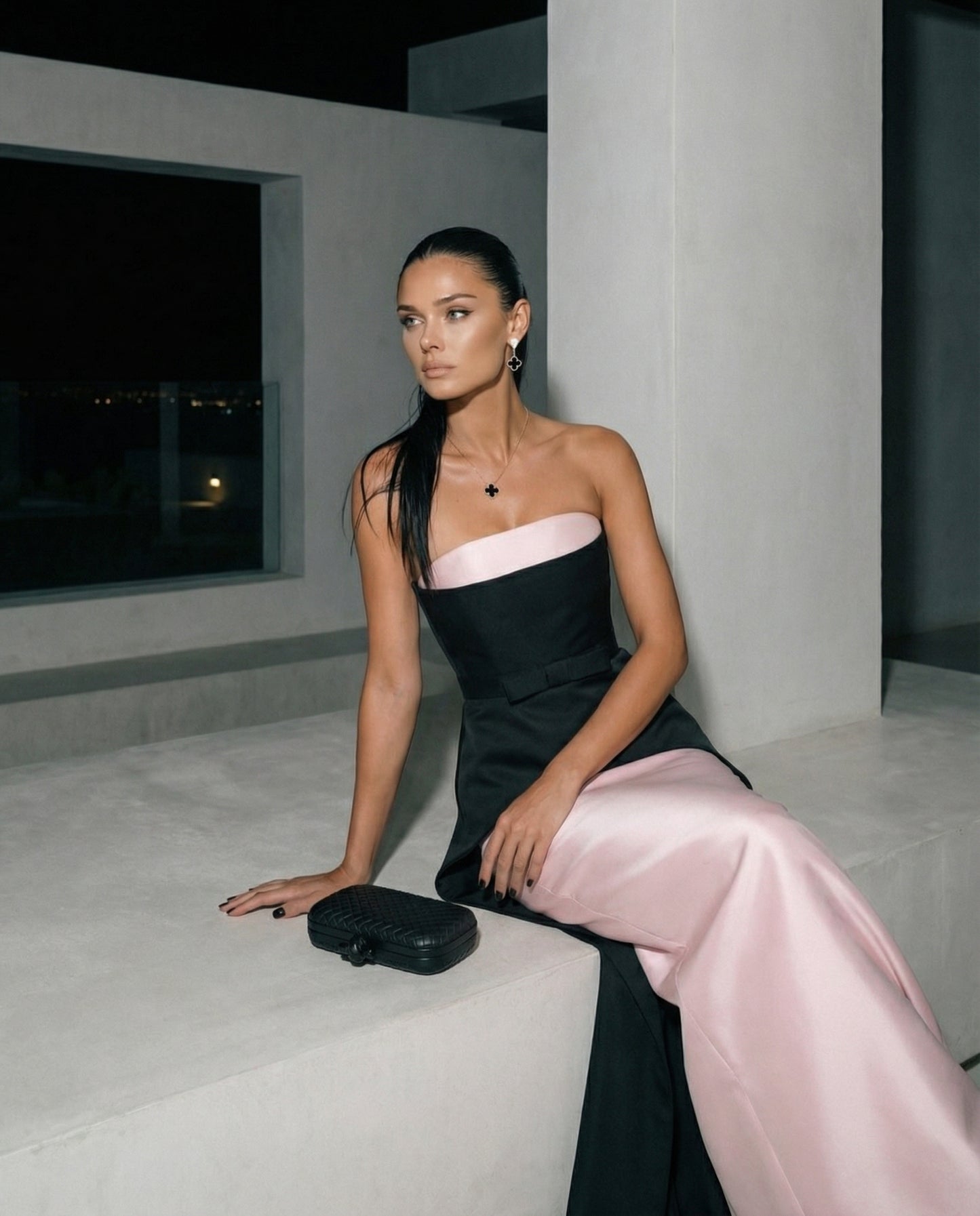 Blush & Noir Strapless Column Gown with Overskirt