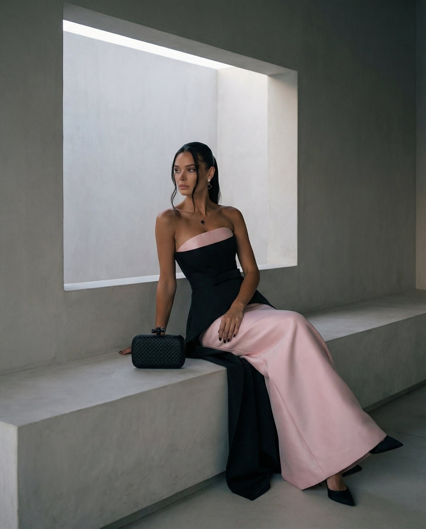 Blush & Noir Strapless Column Gown with Overskirt