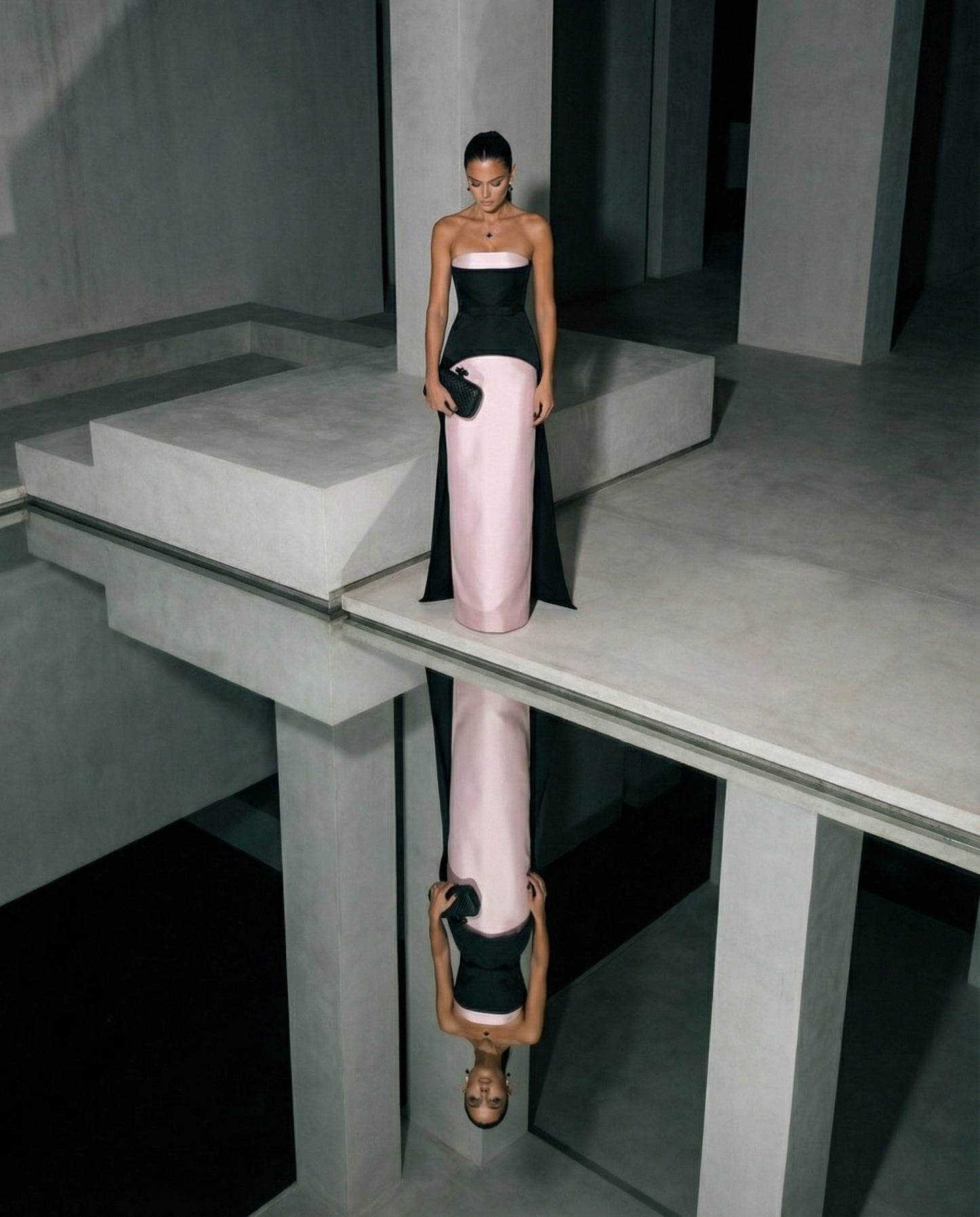 Blush & Noir Strapless Column Gown with Overskirt