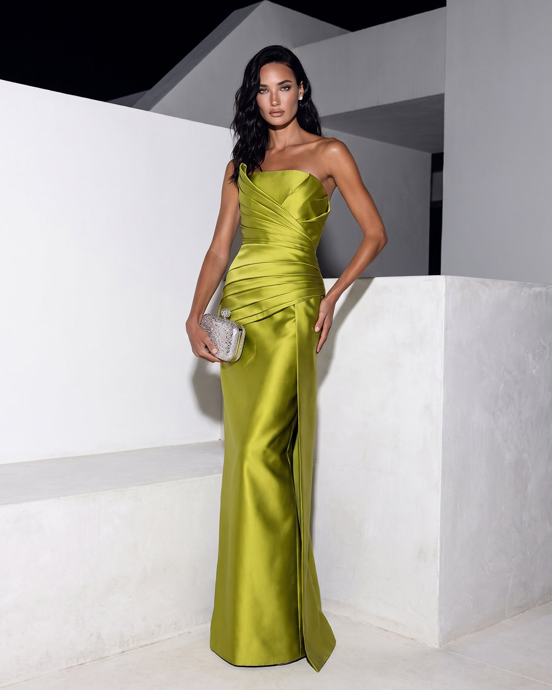 LIME SATIN DRAPED COLUMN GOWN