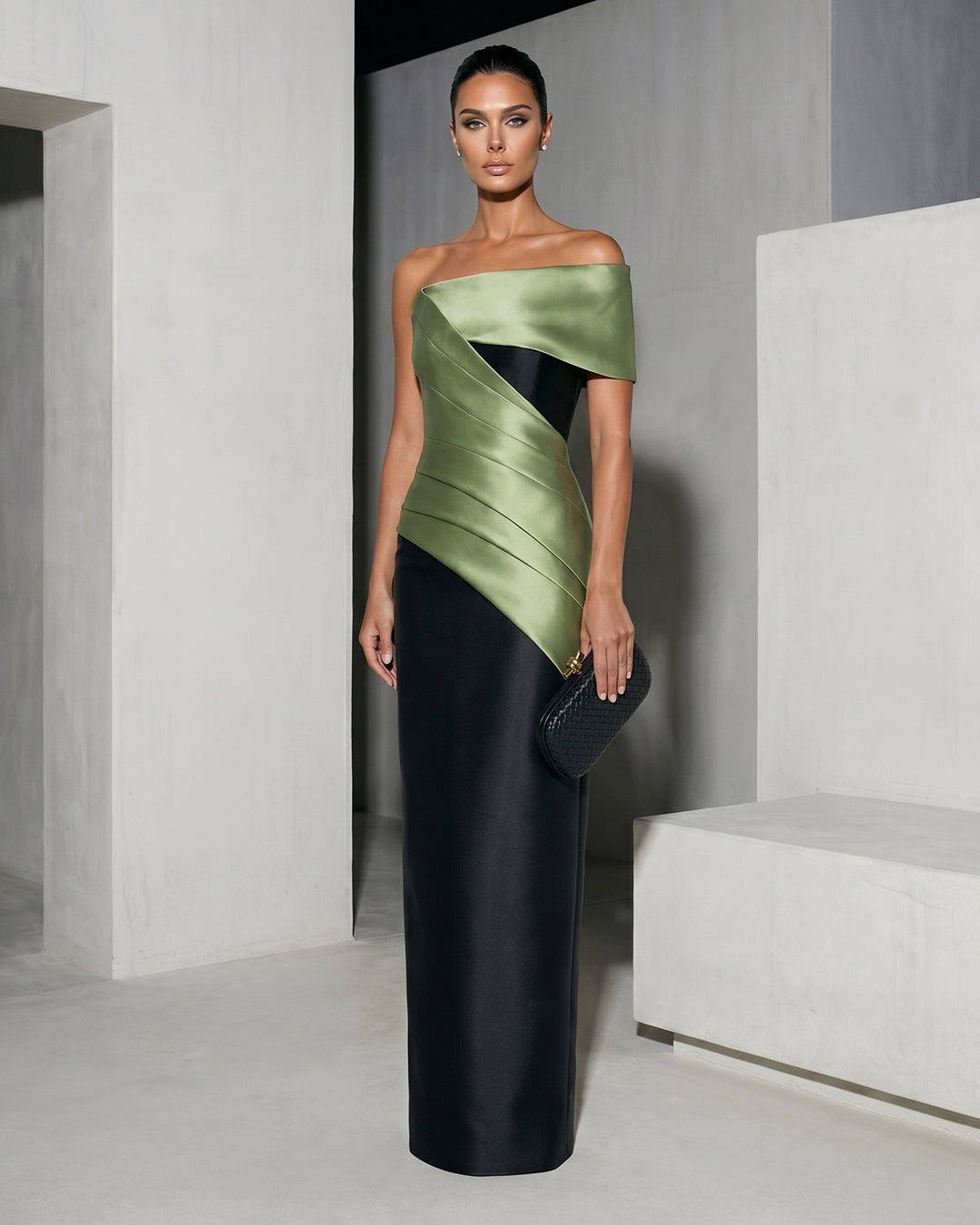 SAGE SATIN WRAP COLUMN GOWN