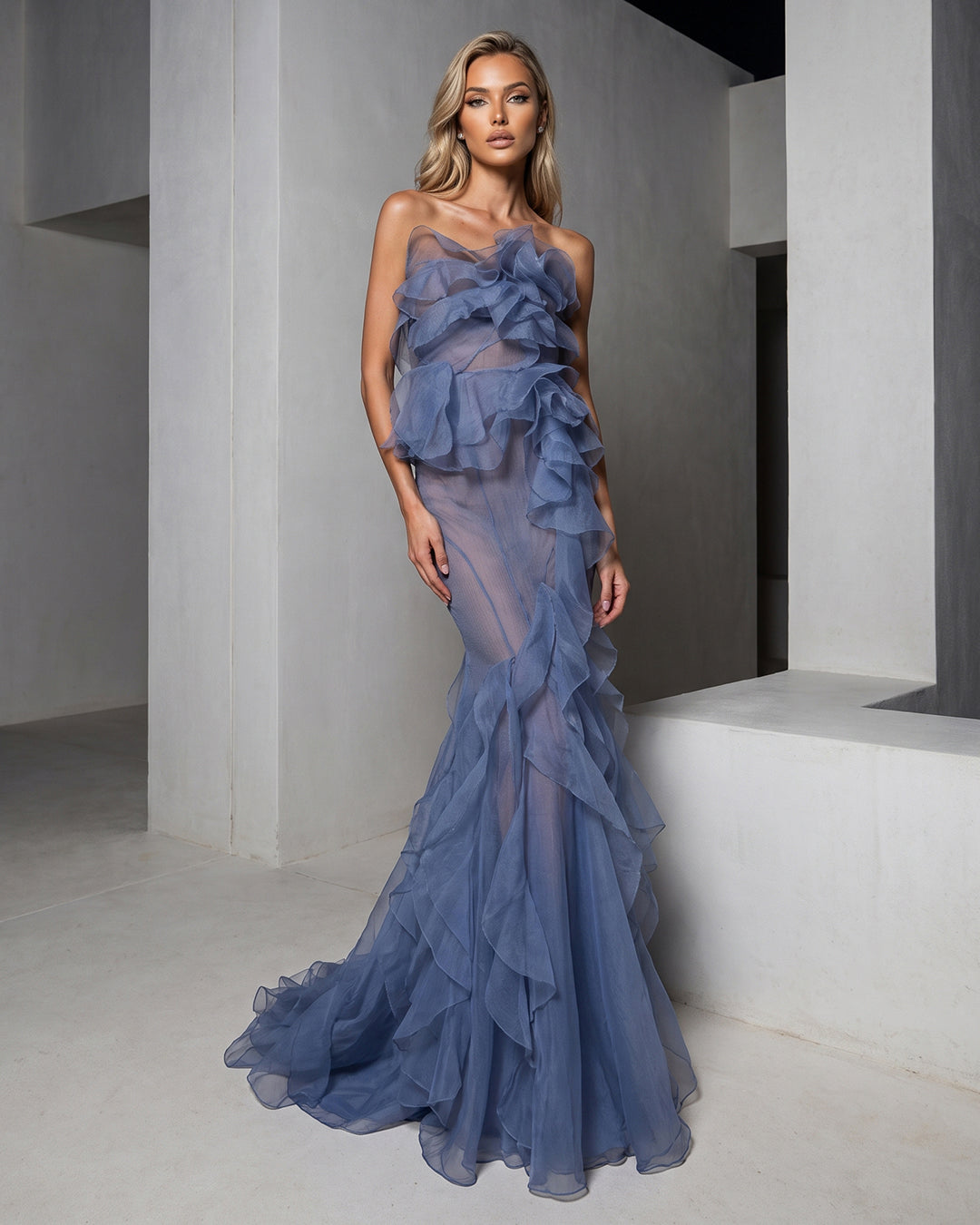 ETHEREAL RUFFLED ORGANZA MERMAID GOWN