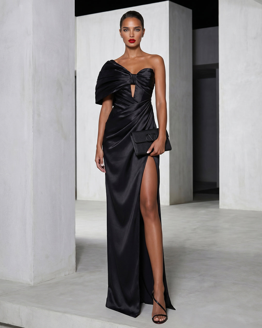 NOIR DRAPED ONE-SHOULDER GOWN