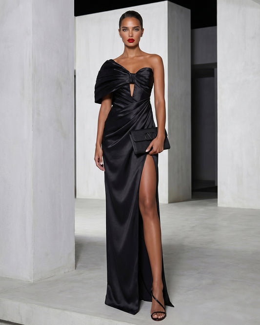 NOIR DRAPED ONE-SHOULDER GOWN