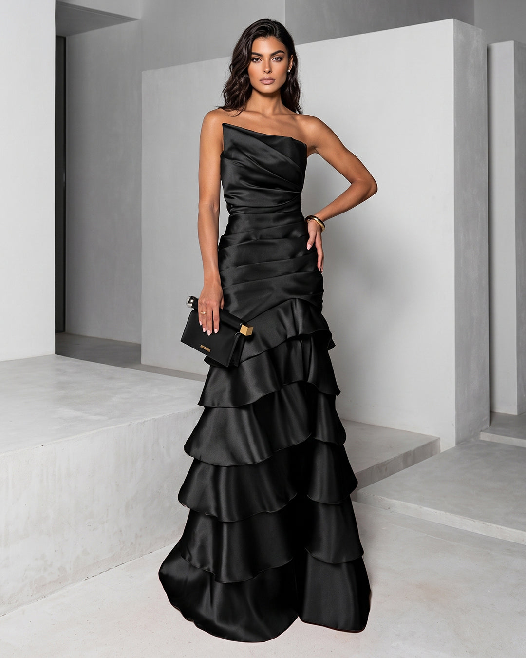 NOIR CASCADE SATIN RUFFLE GOWN