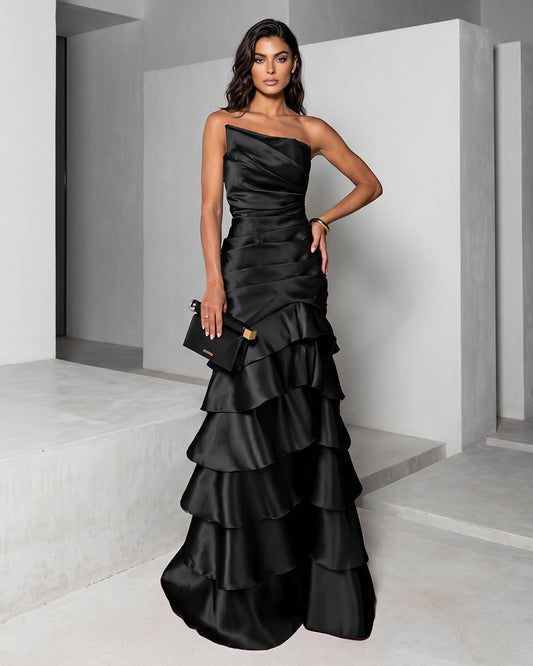 NOIR CASCADE SATIN RUFFLE GOWN