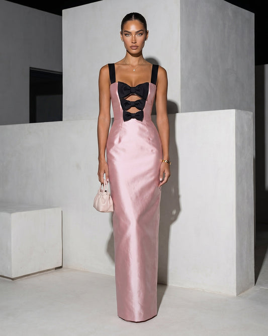 Blush & Noir Bow-Detail Column Gown