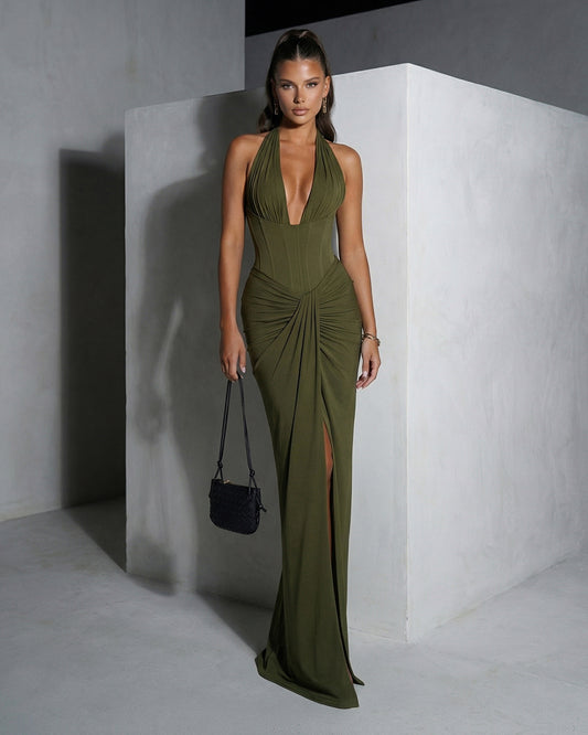 Olive Draped Halter Column Gown with Corseted Waist
