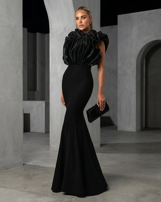 Noir Ruffled High-Neck Mermaid Gown