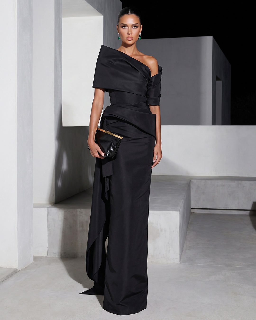 NOIR ARCHITECTURAL DRAPED COLUMN GOWN