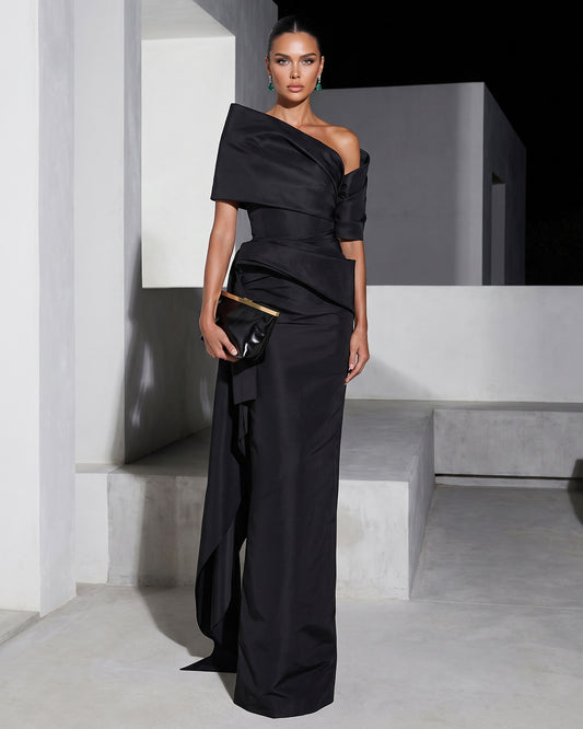 NOIR ARCHITECTURAL DRAPED COLUMN GOWN