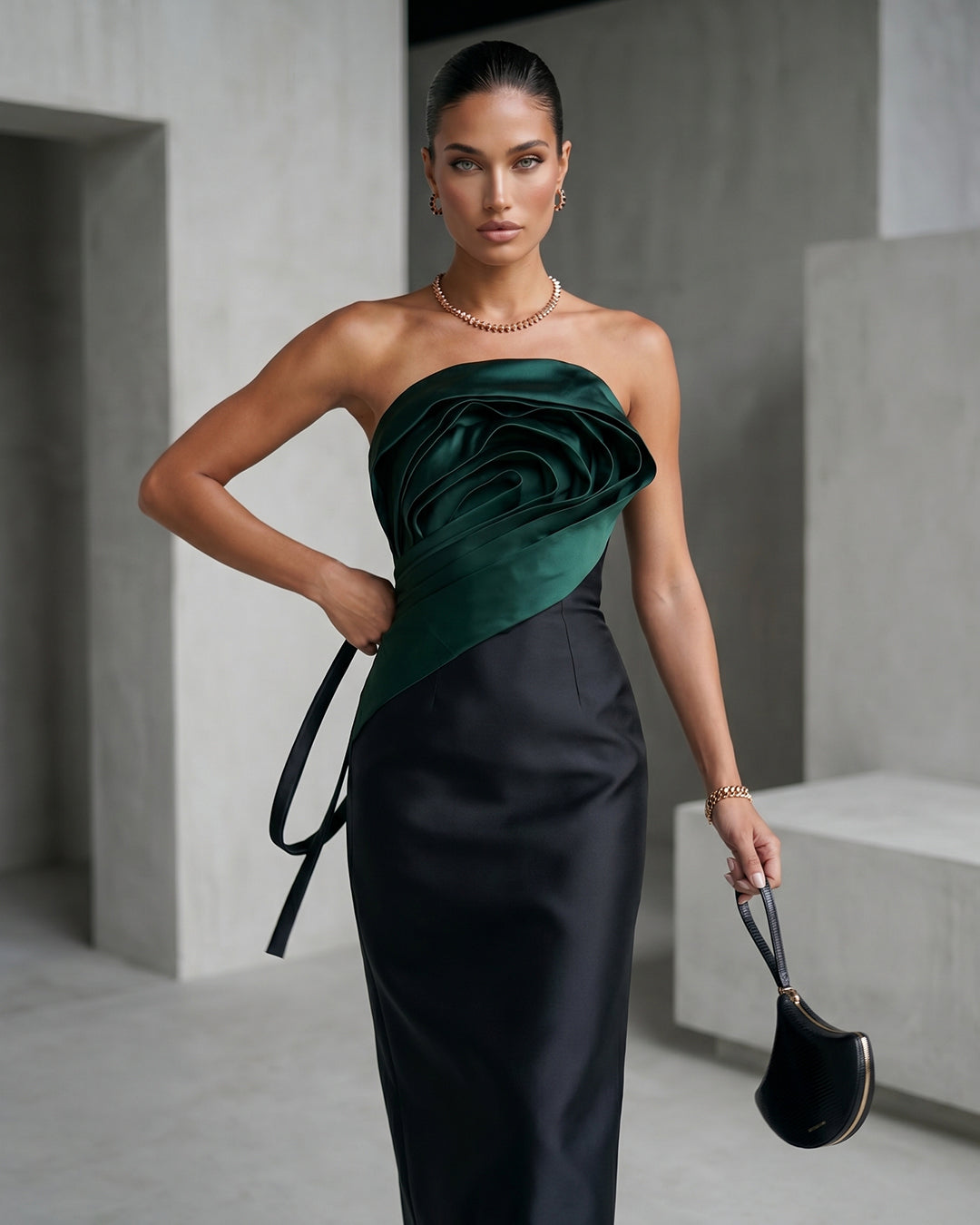 EMERALD ROSETTE COLUMN GOWN