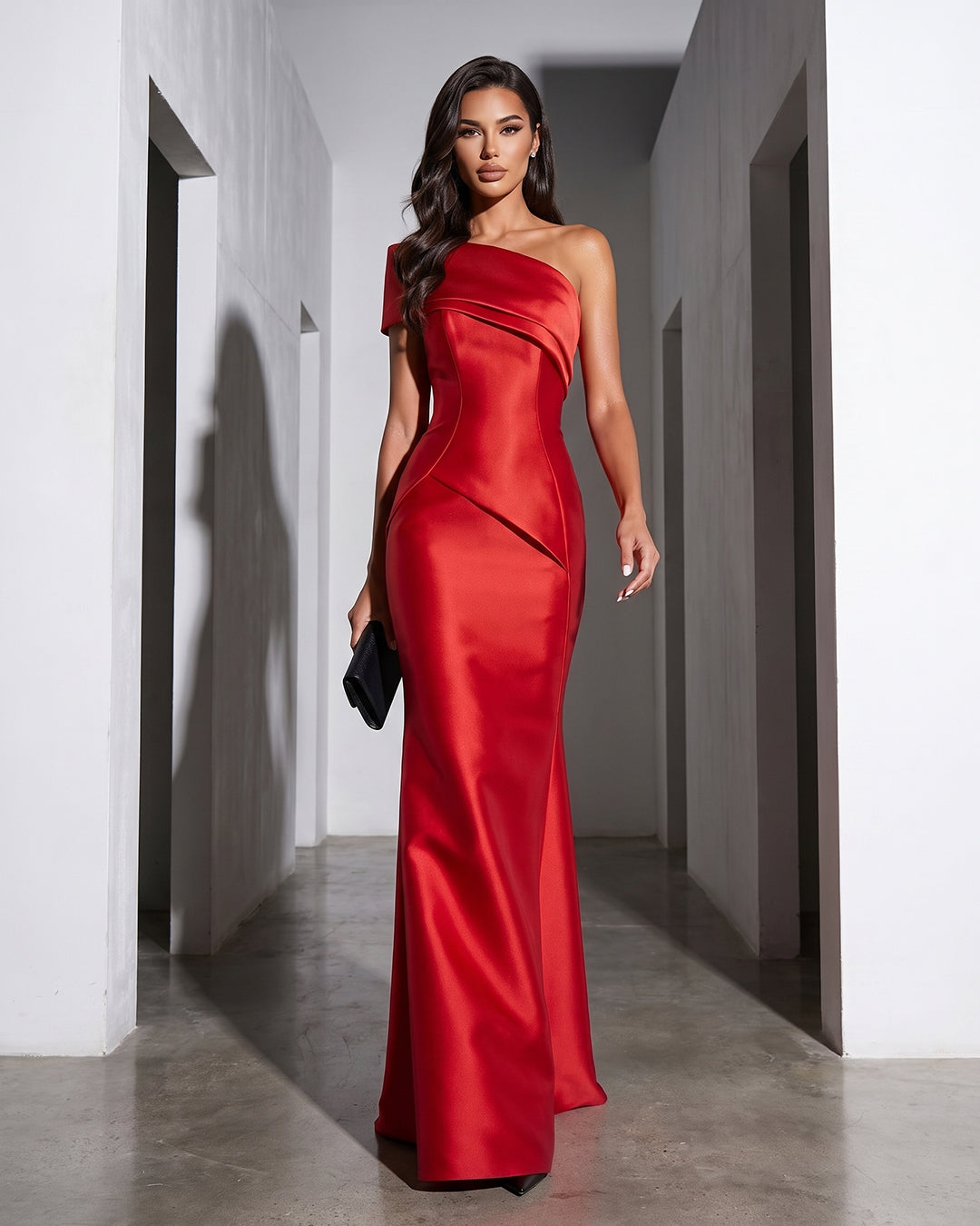 SCARLET ONE-SHOULDER SATIN MERMAID GOWN