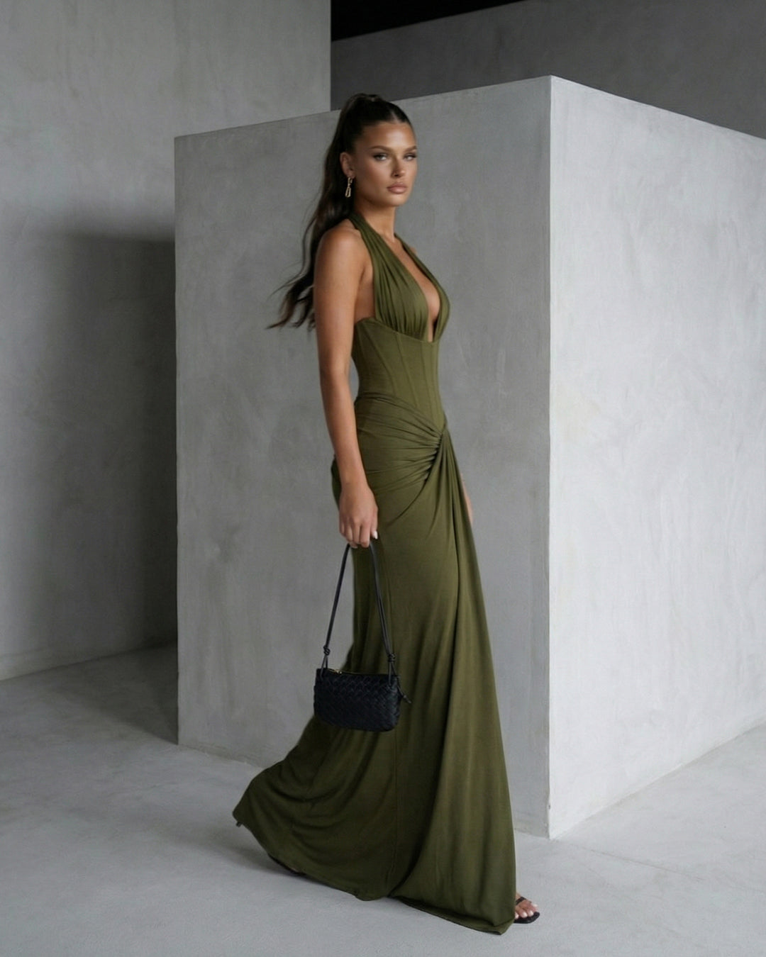 Olive Draped Halter Column Gown with Corseted Waist