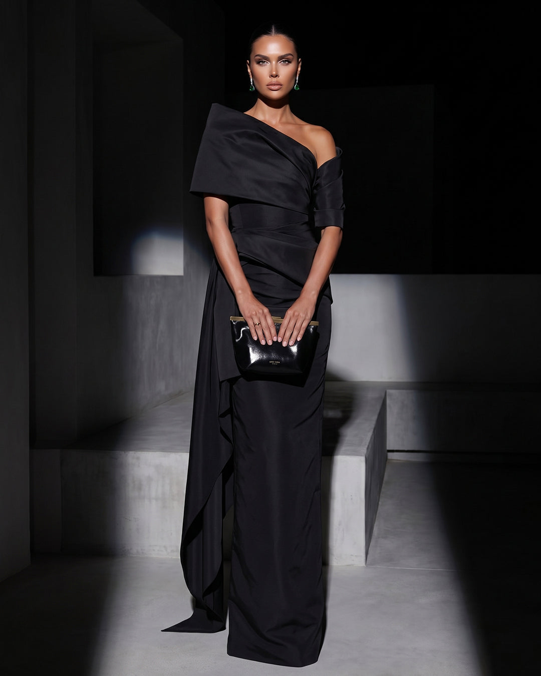 NOIR ARCHITECTURAL DRAPED COLUMN GOWN