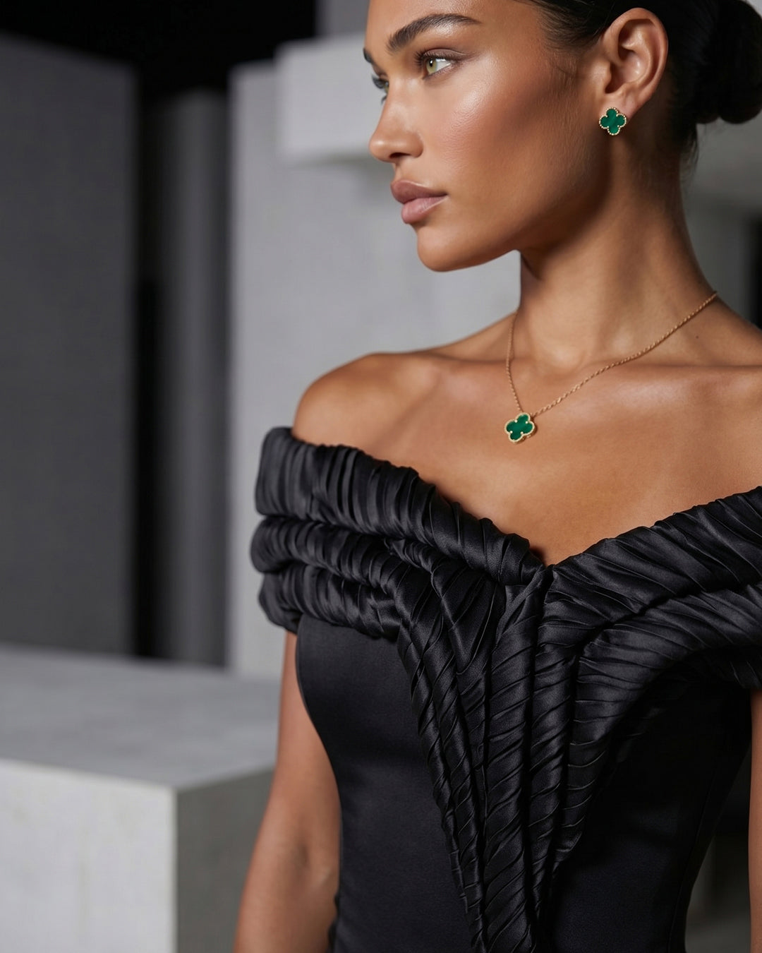 Noir Pleated Off-Shoulder Column Gown with Slit