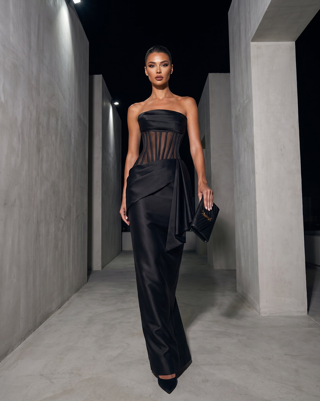 NOIR ILLUSION CORSET COLUMN GOWN