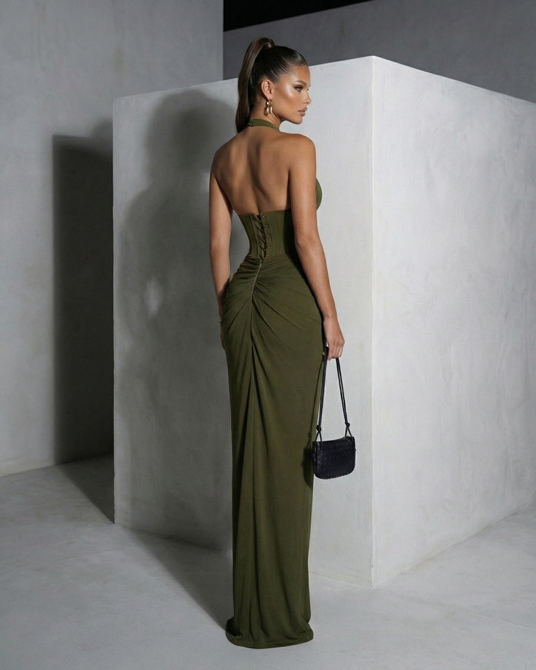 Olive Draped Halter Column Gown with Corseted Waist