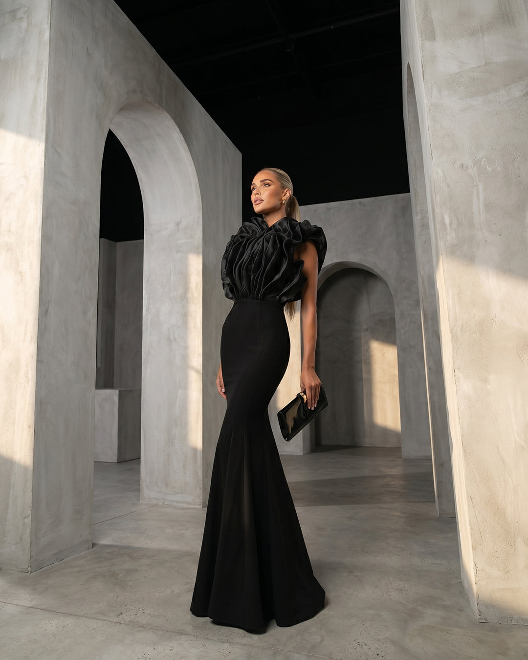 Noir Ruffled High-Neck Mermaid Gown
