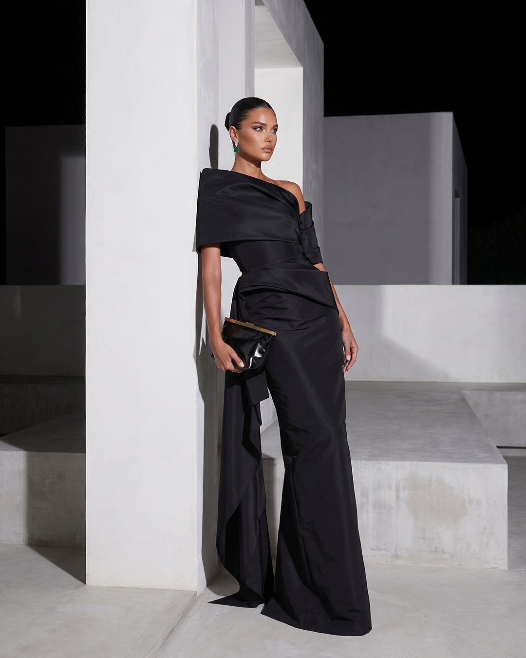 NOIR ARCHITECTURAL DRAPED COLUMN GOWN