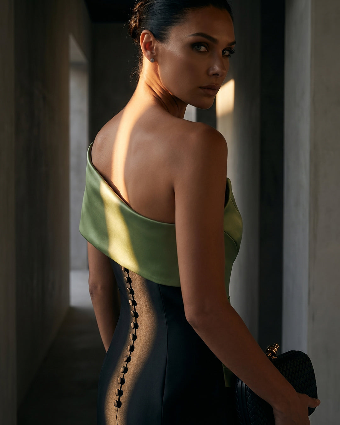 SAGE SATIN WRAP COLUMN GOWN