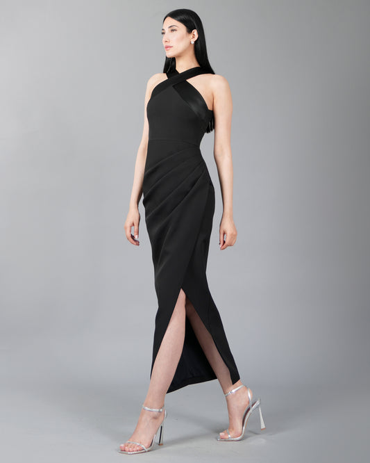 Elegant Asymmetric Halter Neck Maxi Dress With Side Slit