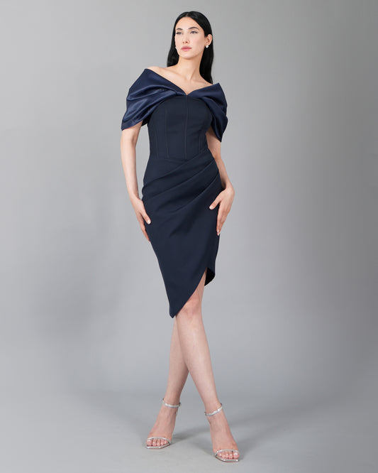 Off-Shoulder Draped Navy Cocktail Dress