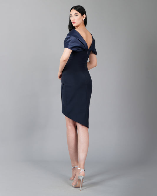 Off-Shoulder Draped Navy Cocktail Dress