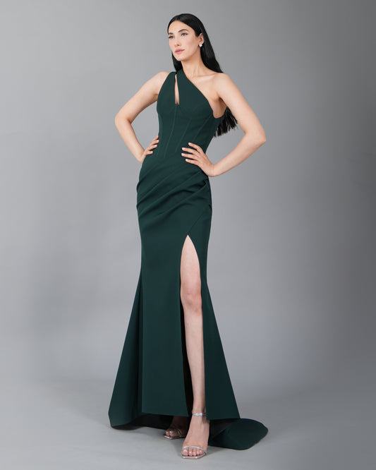 Asymmetric One-Shoulder Corset Gown with High Side Slit