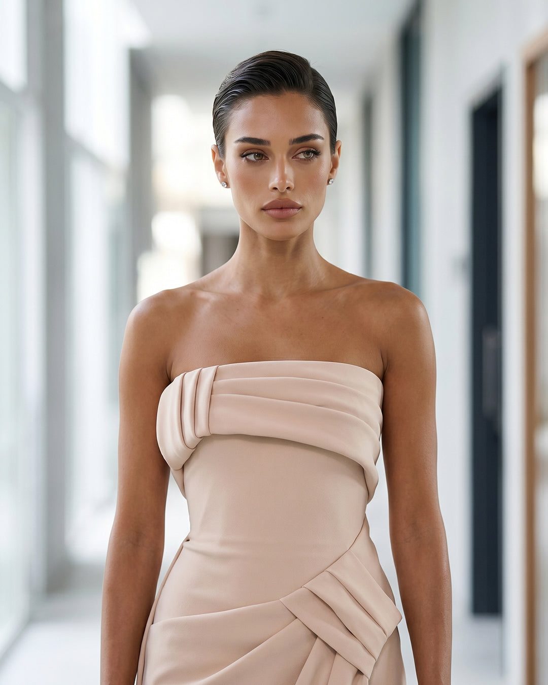 BLUSH DRAPED COLUMN GOWN