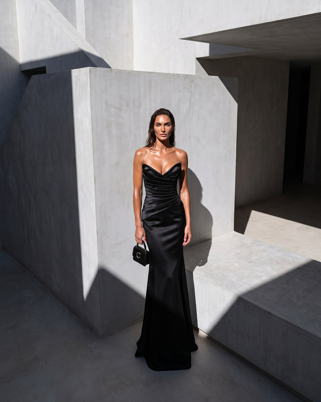 NOIR DRAPED SATIN MERMAID GOWN