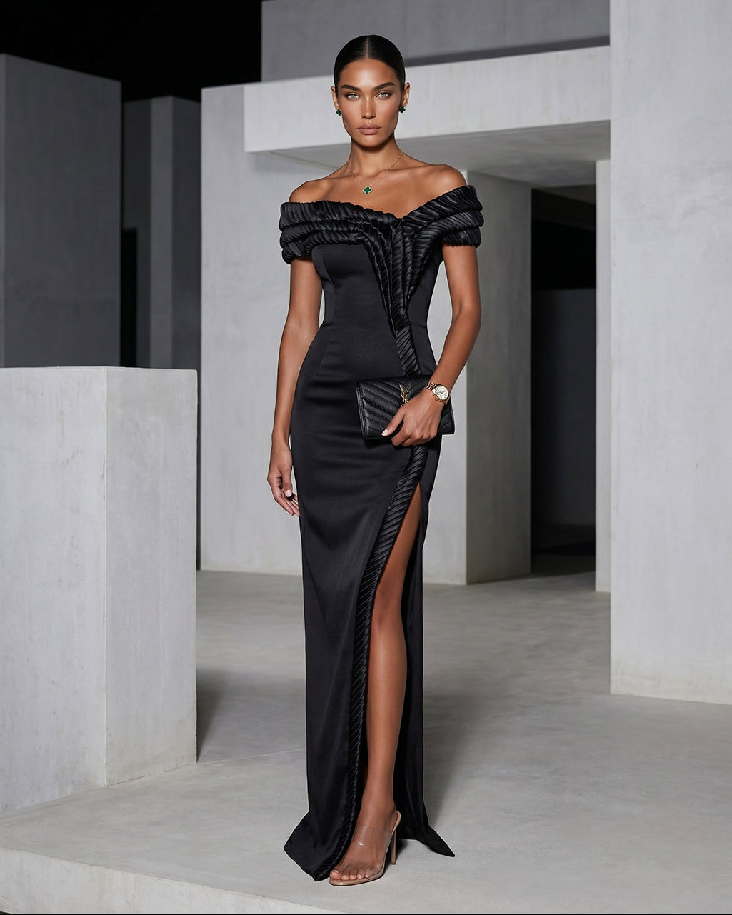 Noir Pleated Off-Shoulder Column Gown with Slit