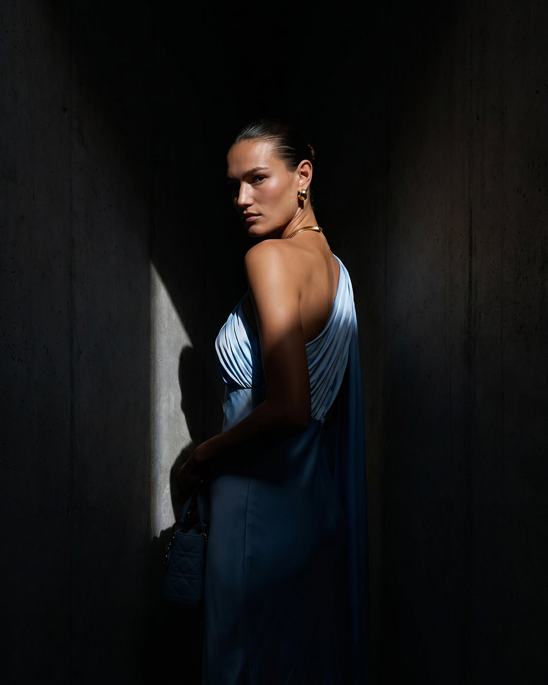CELESTE DRAPED SATIN GOWN