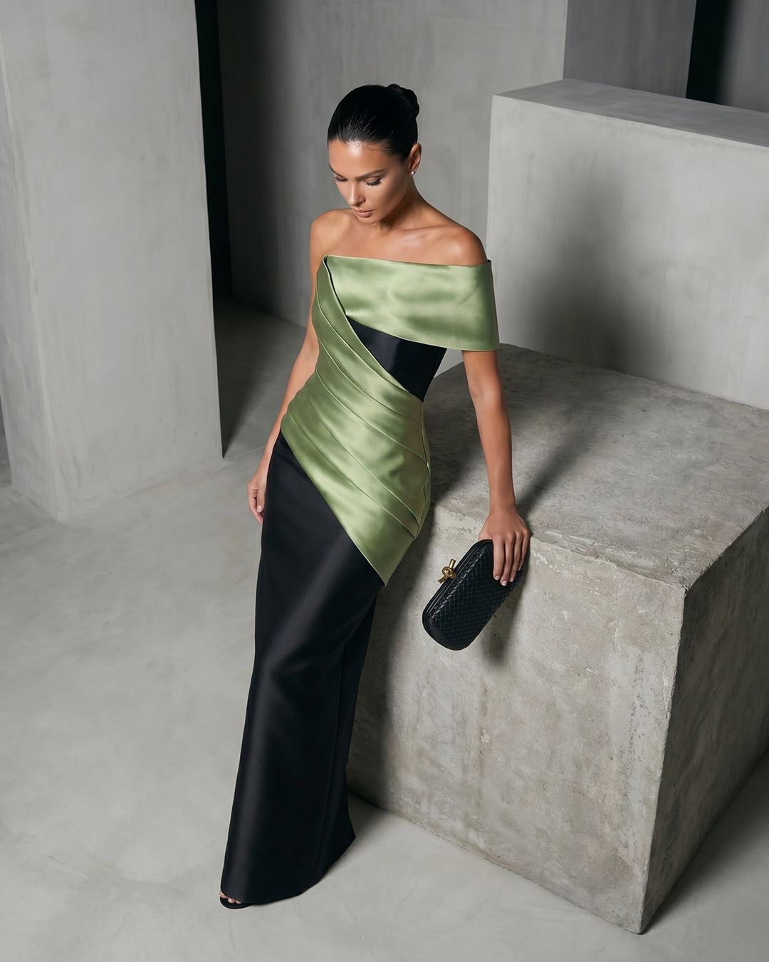 SAGE SATIN WRAP COLUMN GOWN