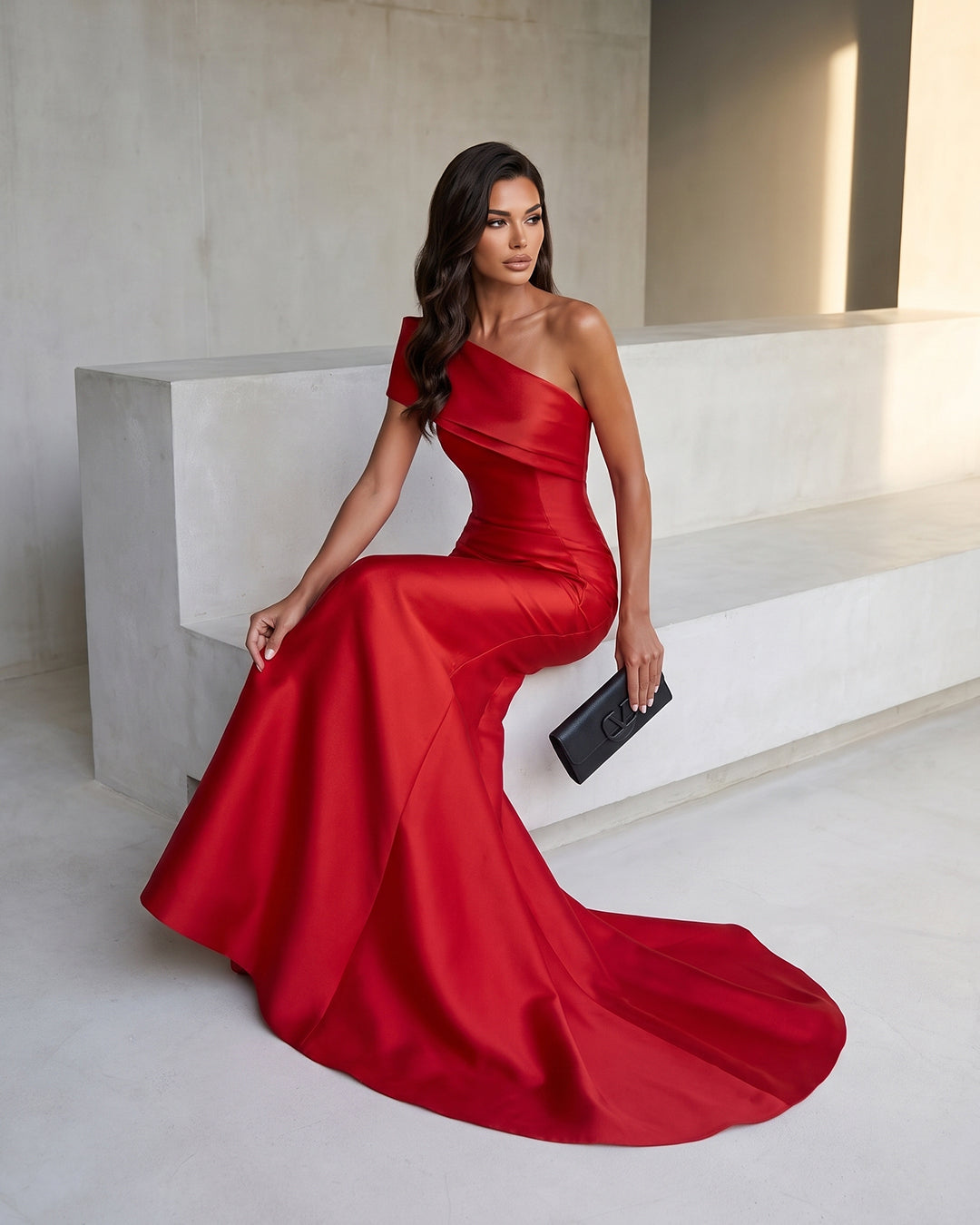 SCARLET ONE-SHOULDER SATIN MERMAID GOWN