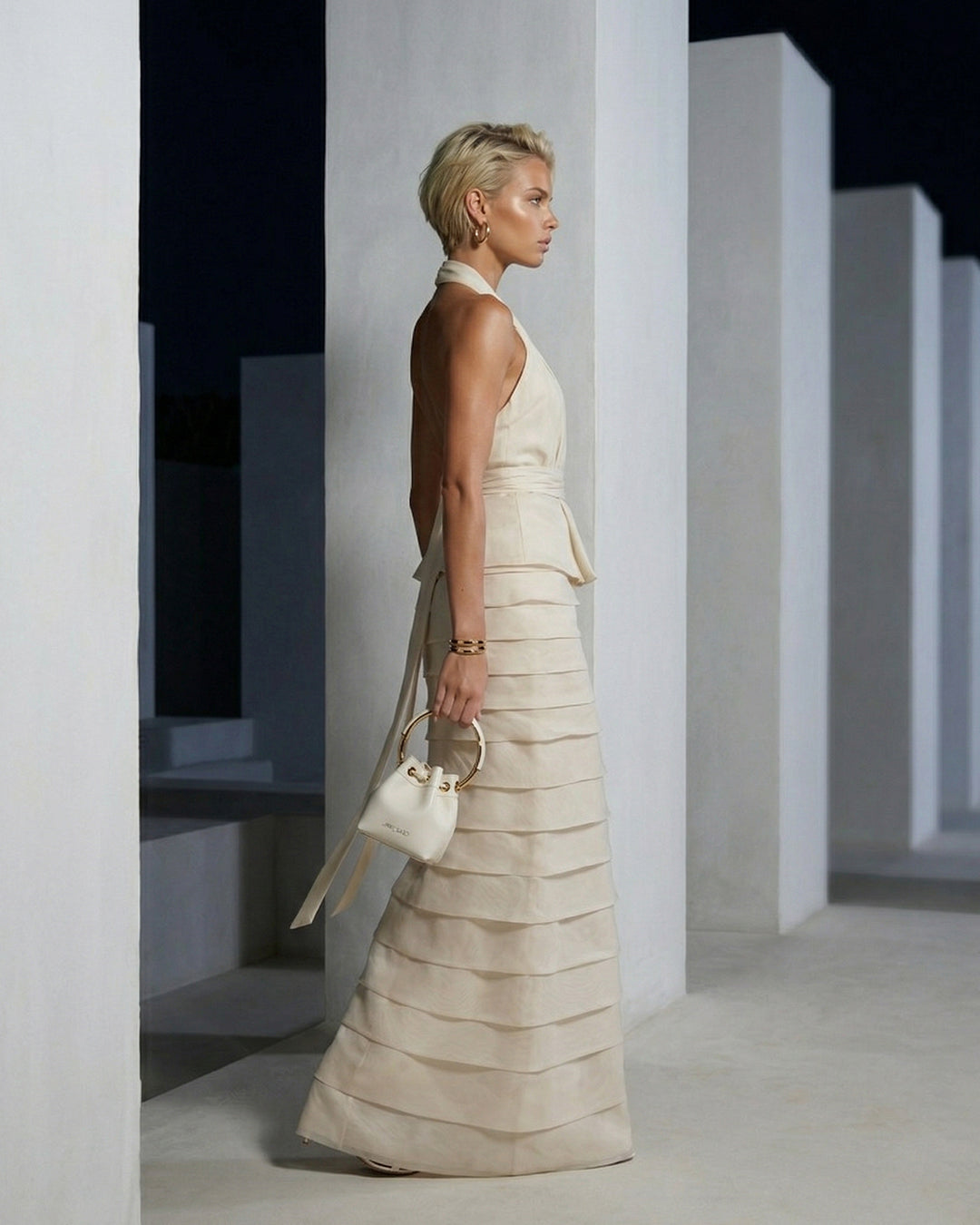 Ivory Halter Layered Column Gown