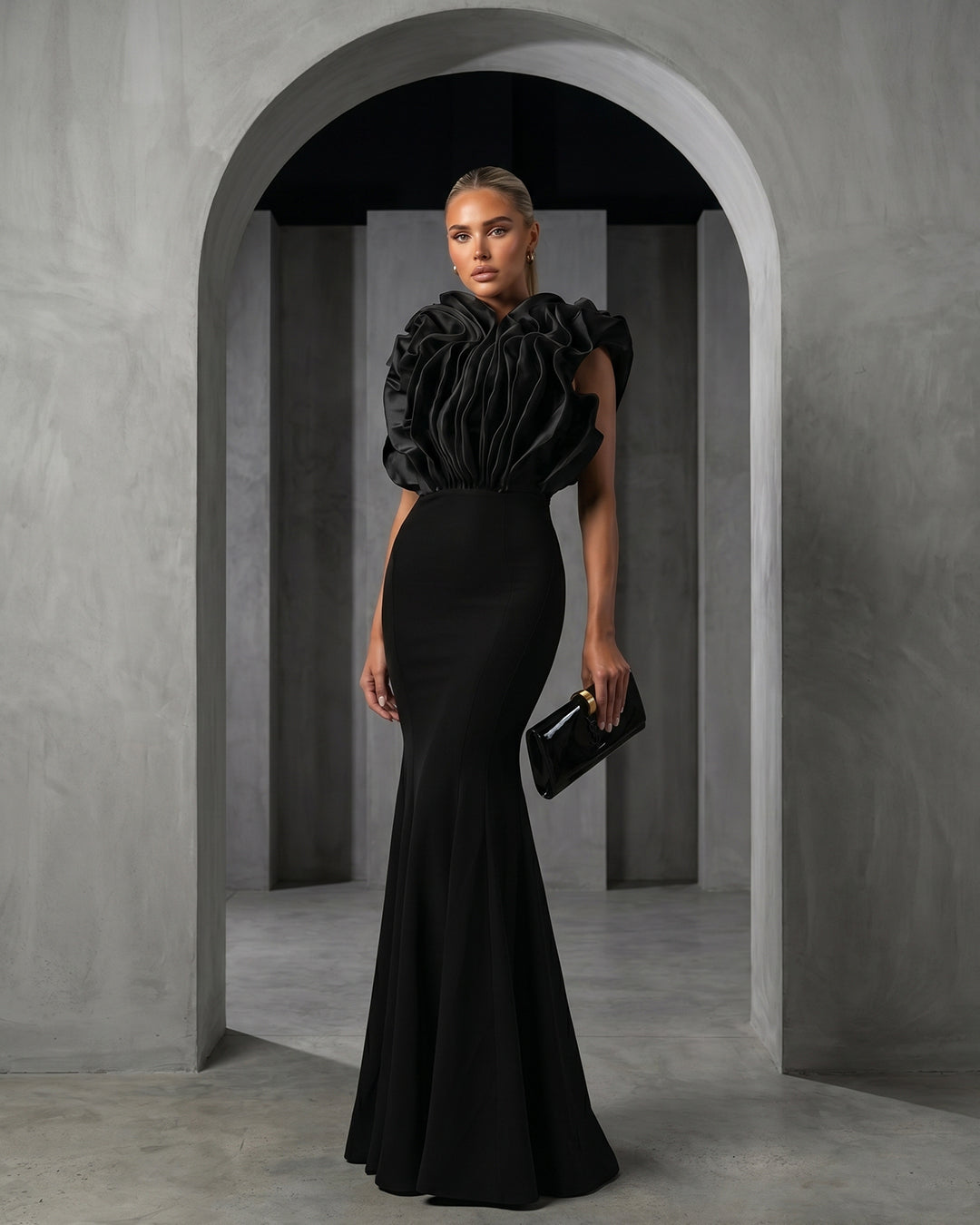 Noir Ruffled High-Neck Mermaid Gown