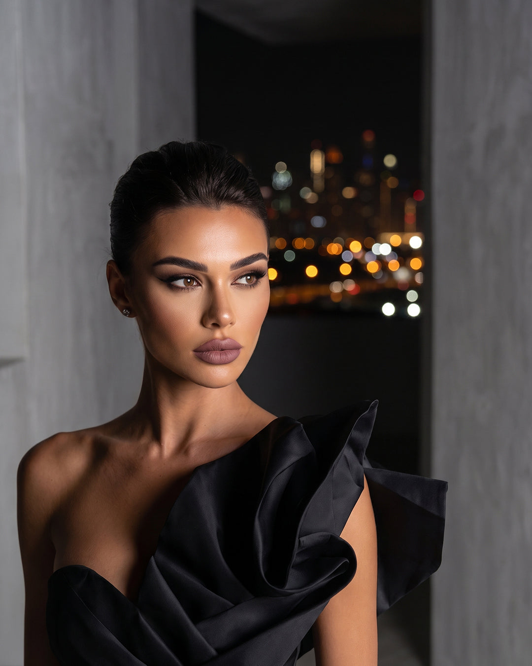 NOIR SCULPTURAL RUFFLE MAXI GOWN