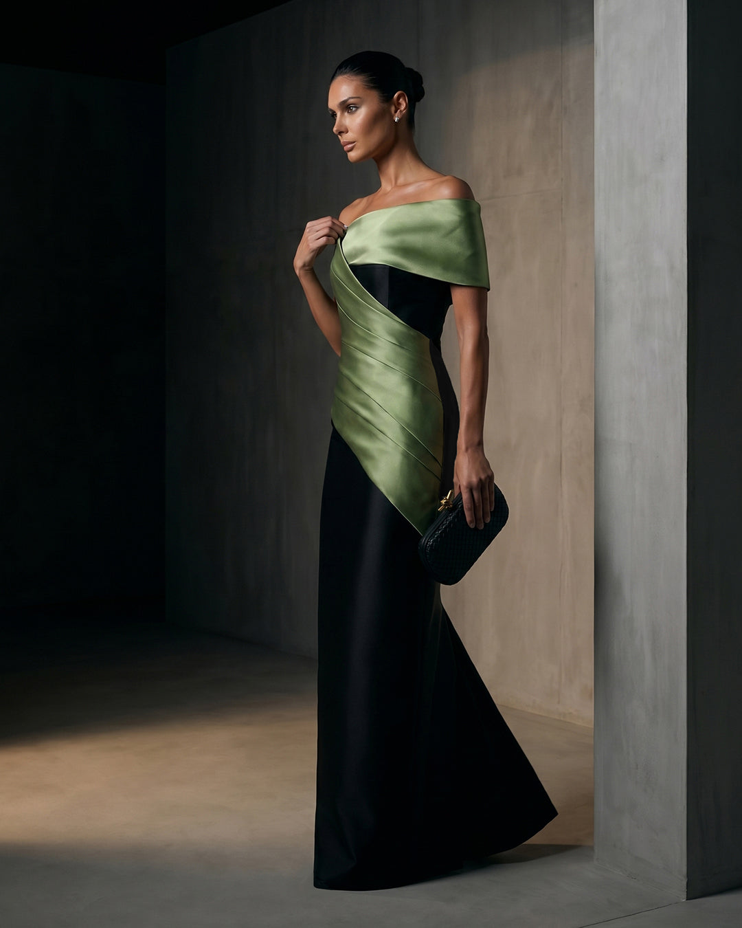 SAGE SATIN WRAP COLUMN GOWN