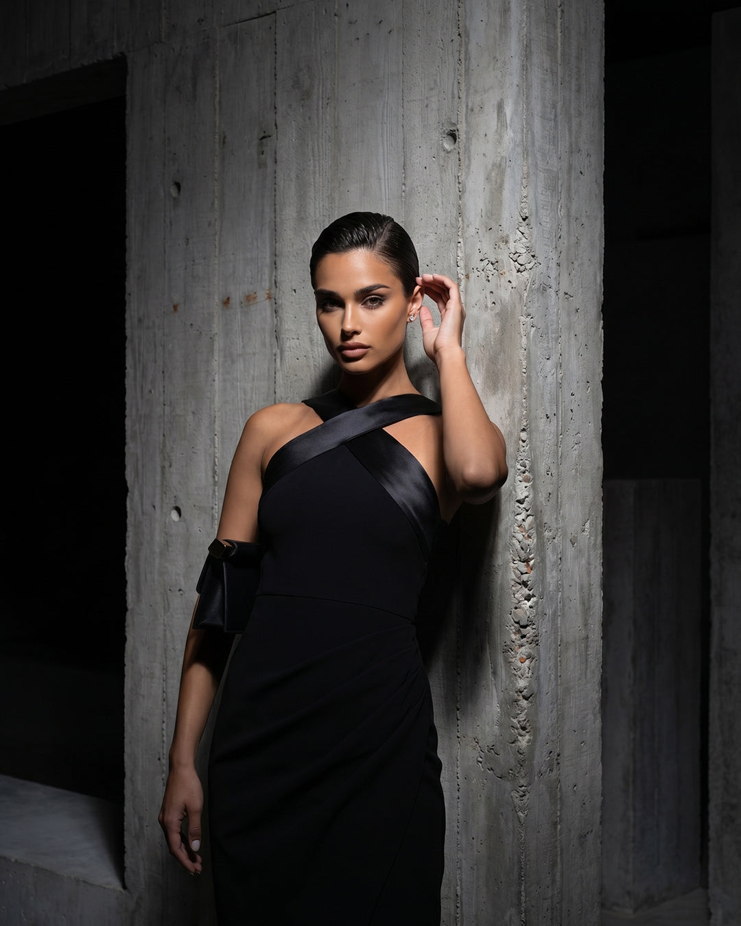 MIDNIGHT CROSSOVER DRAPED DRESS