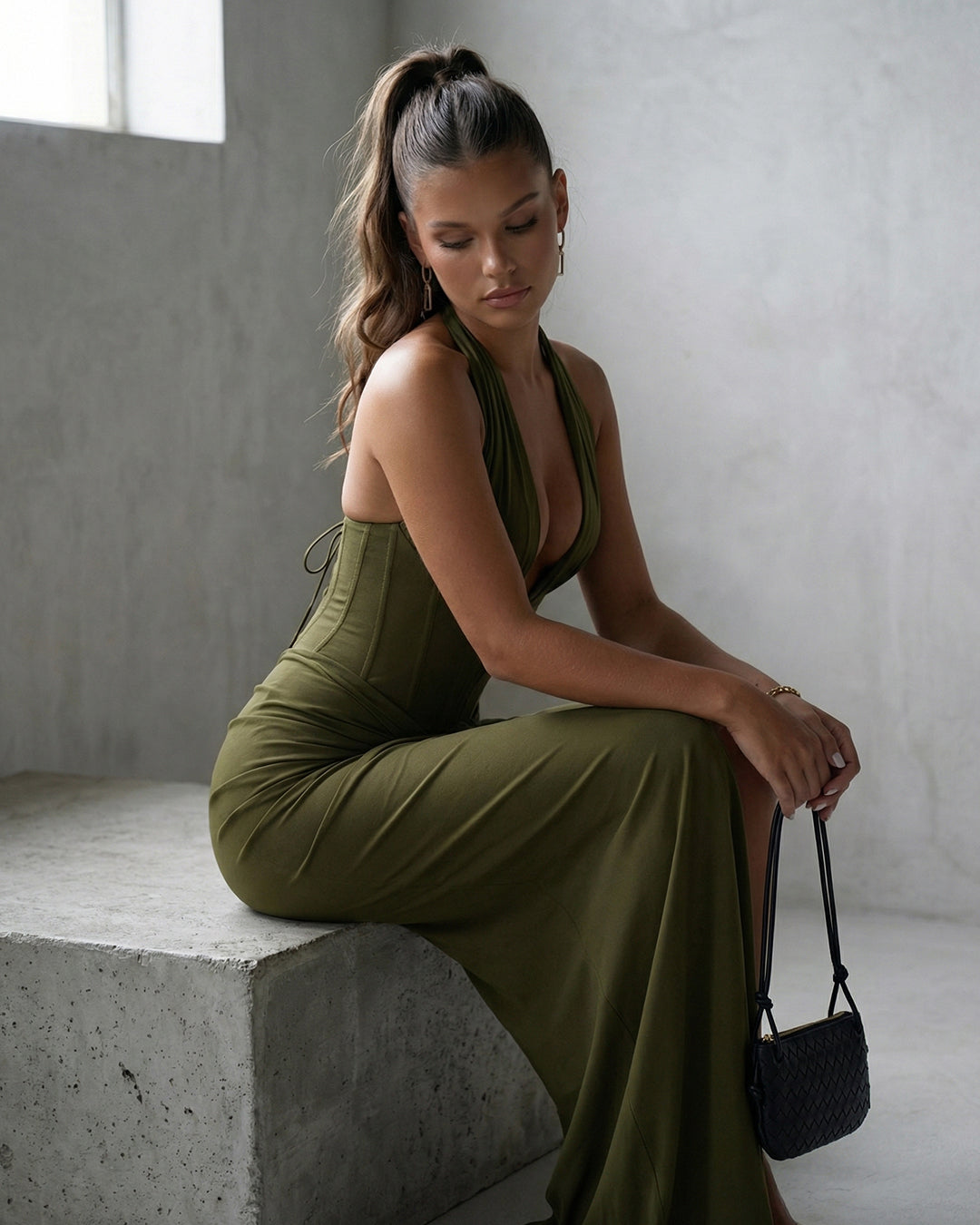 Olive Draped Halter Column Gown with Corseted Waist