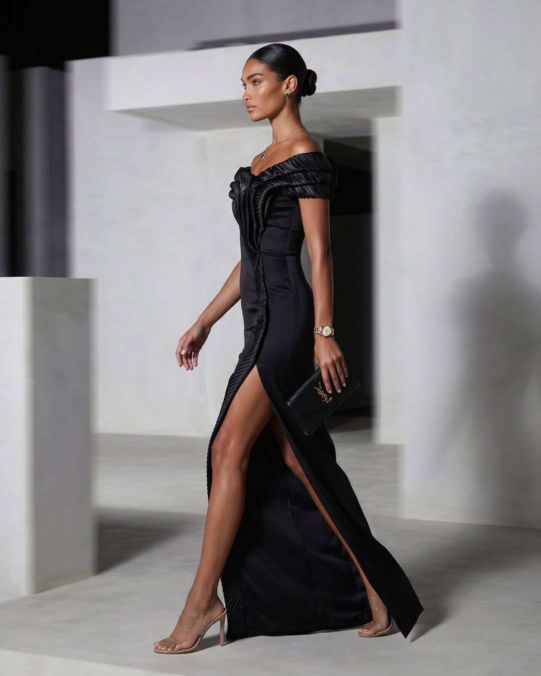 Noir Pleated Off-Shoulder Column Gown with Slit
