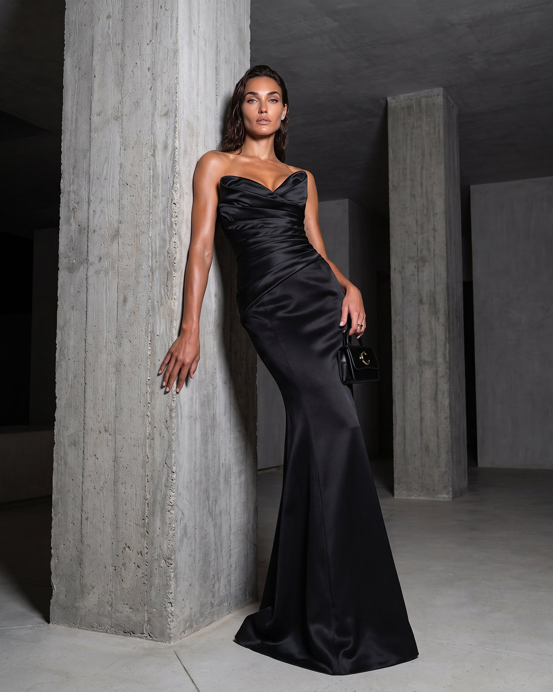 NOIR DRAPED SATIN MERMAID GOWN