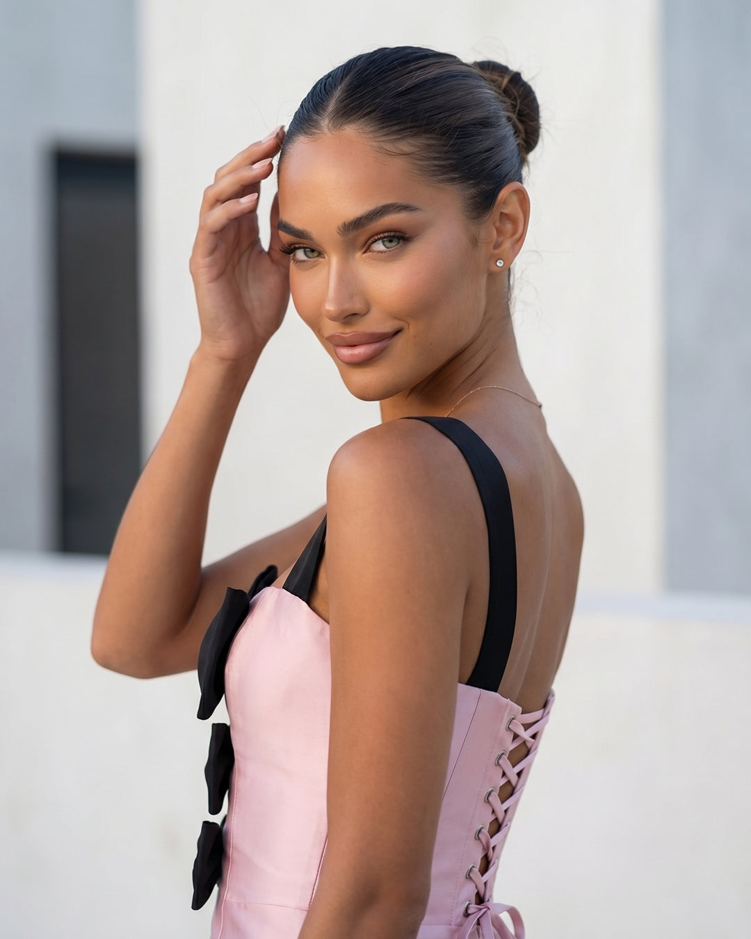 Blush & Noir Bow-Detail Column Gown