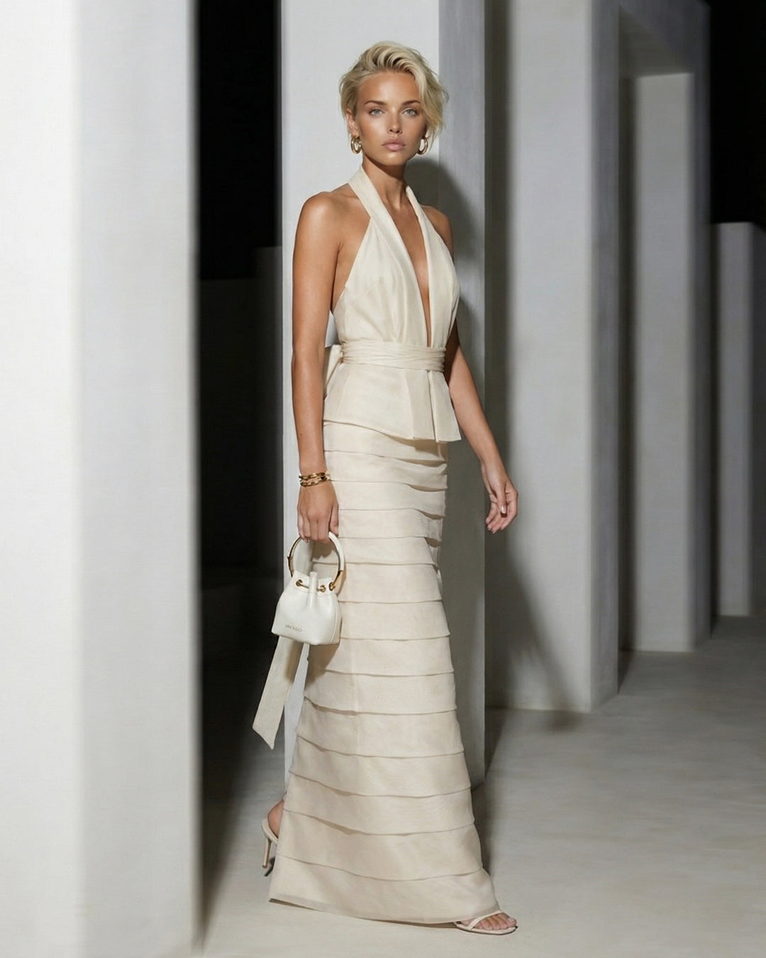 Ivory Halter Layered Column Gown