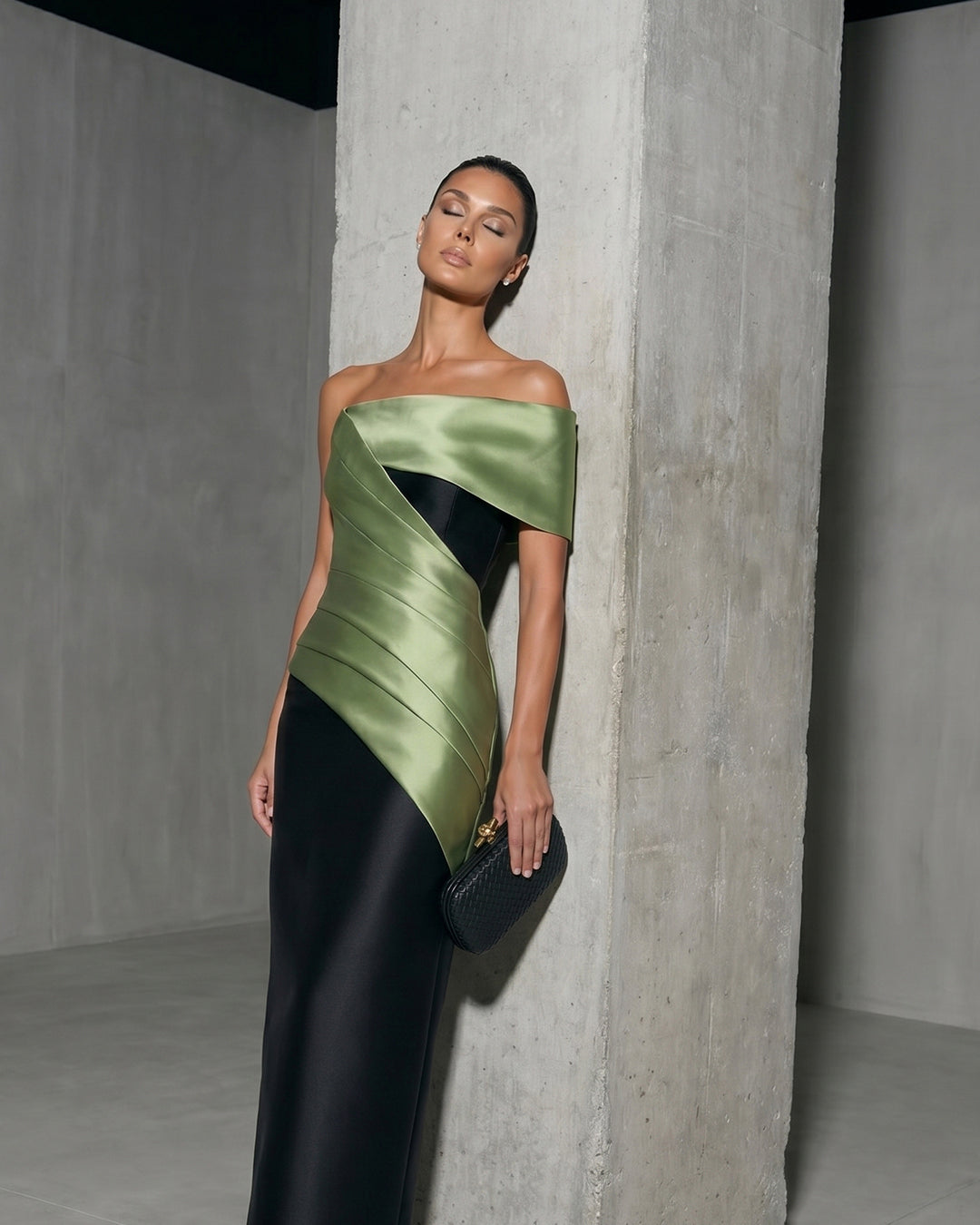 SAGE SATIN WRAP COLUMN GOWN