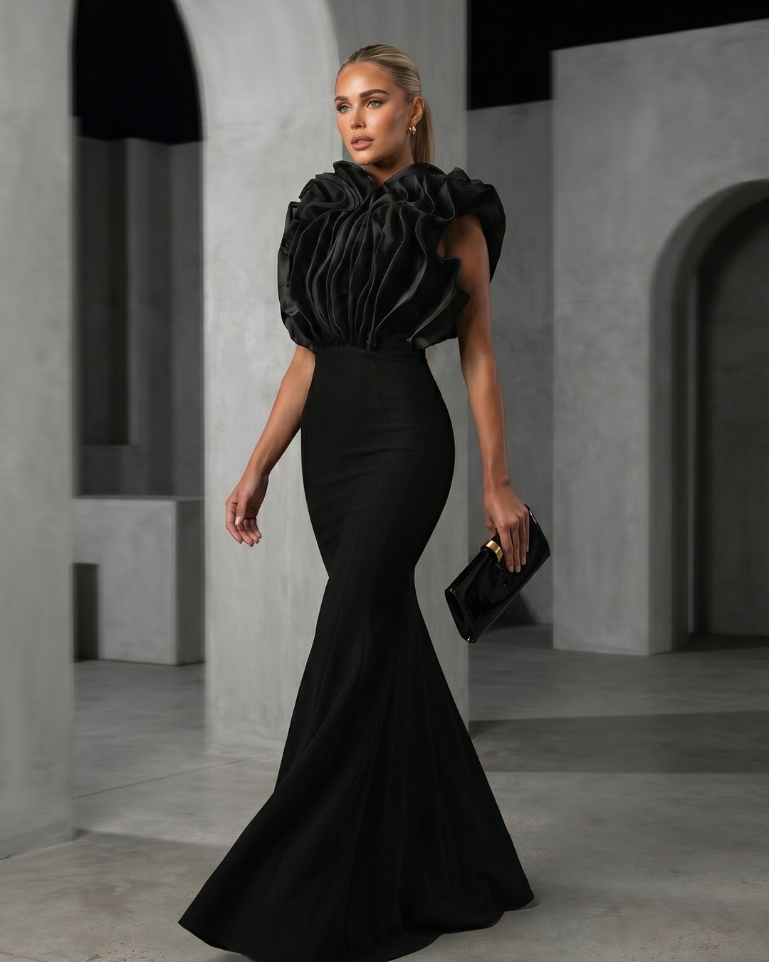 Noir Ruffled High-Neck Mermaid Gown