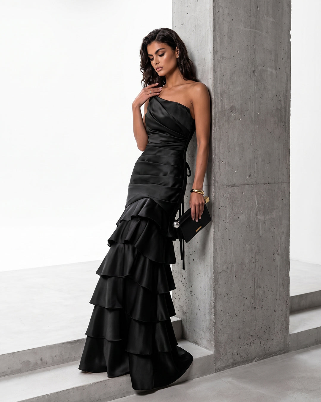 NOIR CASCADE SATIN RUFFLE GOWN