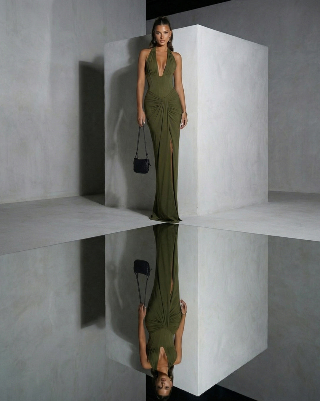 Olive Draped Halter Column Gown with Corseted Waist